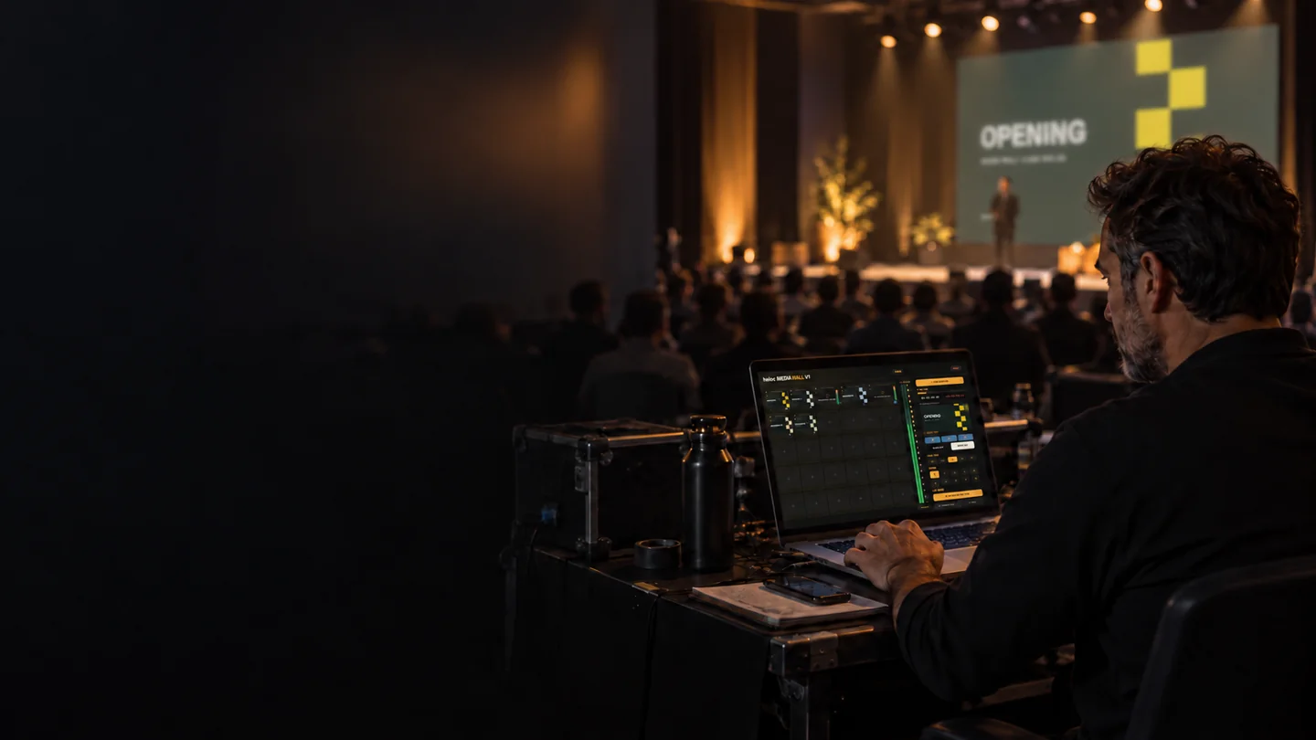 Illustrative operator preparing media at a laptop while watching the stage